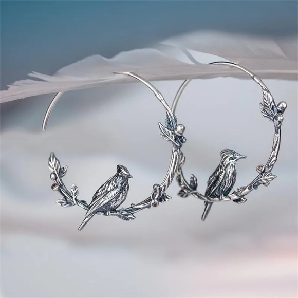 Bird Hoop Earrings with Branch Vintage Style - Picture 2 of 4